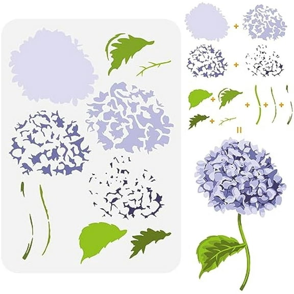 Layered Hydrangea Pattern Painting Stencil 8.3x11.7inch Hydrangea Flower Drawing Template DIY Craft Plants Decoration Stencil for Painting on Wood Wall Fabric Furniture
