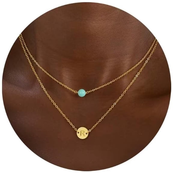 Layered Initial Necklaces For Women, 18K Real Gold Plated Dainty Turquoise Pendant Necklace Tiny Letter A-Z Personalized Disc Choker Layered Initial Necklace For Women Jewelry Gifts Trendy[o7090]