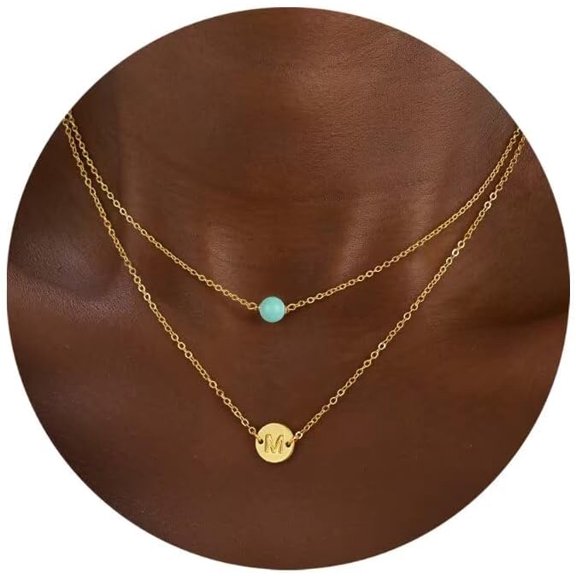 Layered Initial Necklaces For Women, 18K Real Gold Plated Dainty Turquoise Pendant Necklace Tiny Letter A-Z Personalized Disc Choker Layered Initial Necklace For Women Jewelry Gifts Trendy[o7083]