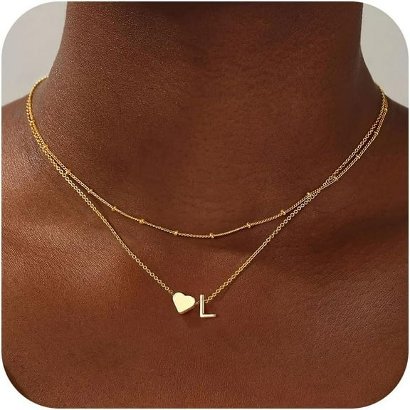 Layered Initial Necklaces For Women, 18K Real Gold Plated Heart Initial A-Z Pendant Necklace Personalized Monogram Name Necklace Birthday Gifts Heart Necklace For Women Jewelry[o6290]