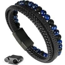 Layered Leather Beads Bracelets for Men,Braided Leather Tiger Eye Lava Rock Stone Bracelets for Men with Stainless Steel Magnetic Clasp Mens Leather Beaded Bracelets Jewelry Anxiety Stress Relief Gift