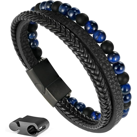 Layered Leather Beads Bracelets for Men,Braided Leather Tiger Eye Lava Rock Stone Bracelets for Men with Stainless Steel Magnetic Clasp Mens Leather Beaded Bracelets Jewelry Anxiety Stress Relief Gift