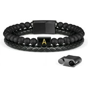 WONDERSHE Layered Leather Beads Initial Bracelets for Men, Braided Leather Natural Stone Bracelets for Men with Magnetic Clasp Mens Leather Beaded Bracelets with 26 Initials Stress Anxiety Relief Gifts for Men