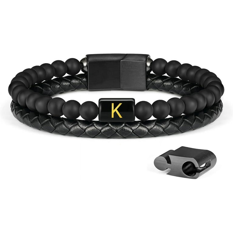 Layered Leather Beads Initial Bracelets for Men, Braided Leather