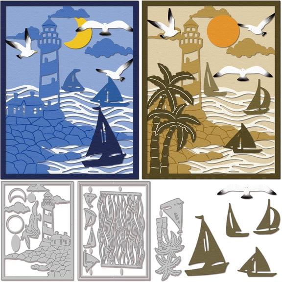 Layered Lighthouse Frame Cutting Dies for DIY Scrapbooking Metal Sailboat Seagull Background Cut Dies Sun and Moon Die Cuts for Card Making Embossing oto Album Craft Decor 1set