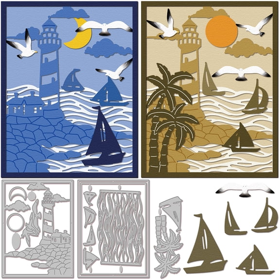 Layered Lighthouse Frame Cutting Dies for DIY Scrapbooking Metal Sailboat Seagull Background Cut Dies Sun and Moon Die CutsDIY