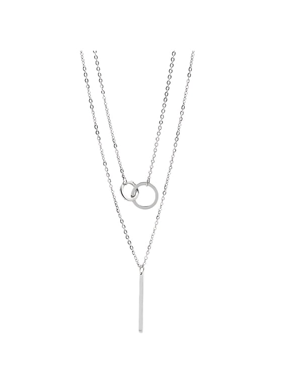 Layered Linked Circles and Bar Pendant Chain Necklace for Women by Ginger Lyne Silver Tone Stainless Steel