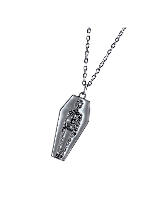 Layered Look Necklace Coffin Pendant Skeleton Jewelry in Dark Silver Tone, Gothic Statement Accessory for Stage Styling, Halloween Outfits, Collectible Appeal