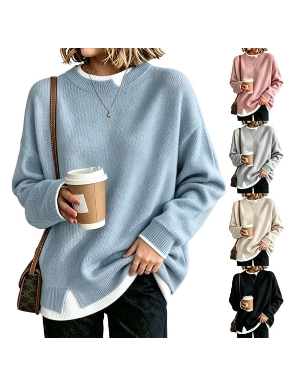 Layered Look Sweater for Women Knit Long Sleeve Crew Neck Oversized Pullover Loose Fit Two in One Contrast Trim Drop Shoulder Casual Top Womens Pullover Sweater