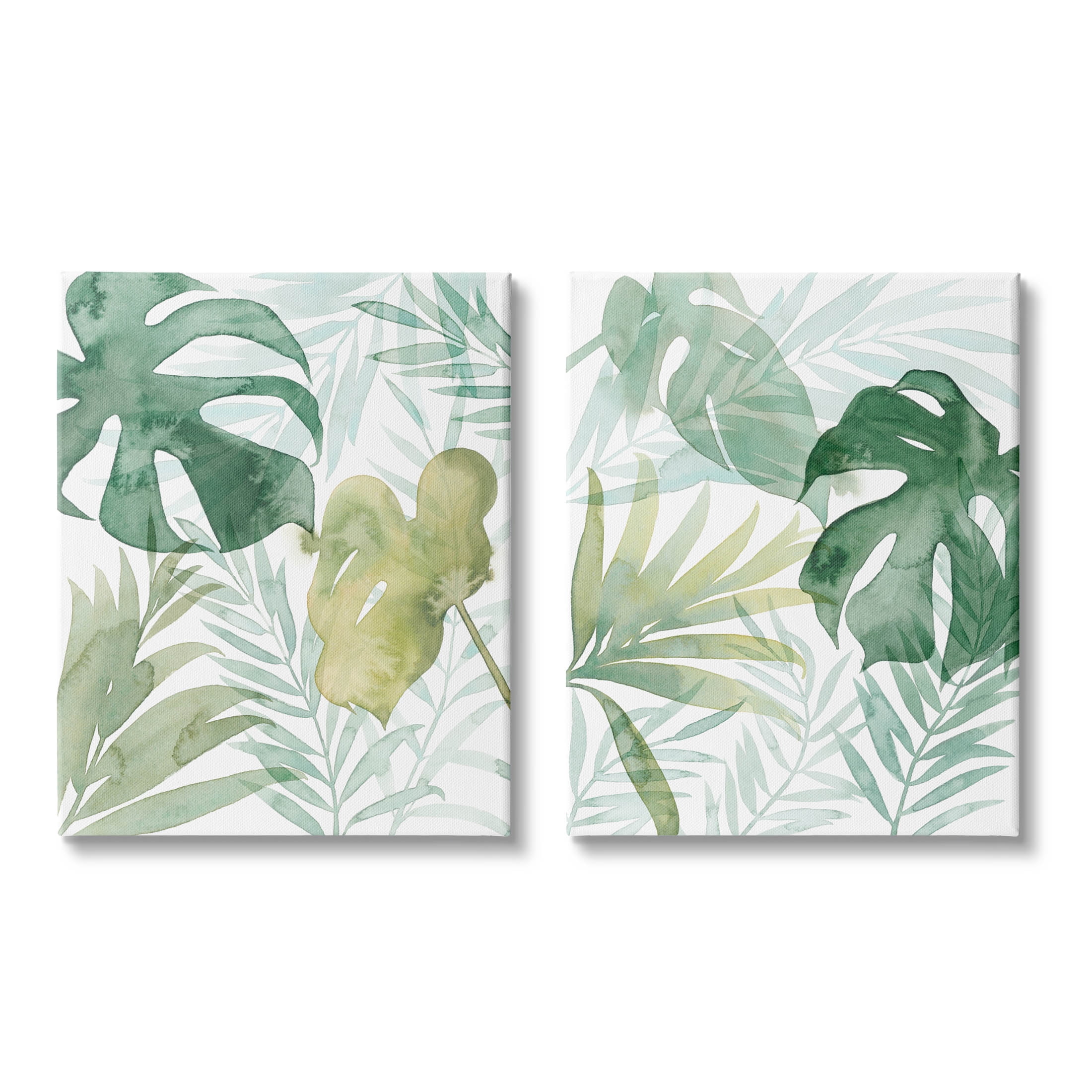 Layered Lush Green Plant Leaves Botanical & Floral Graphic Art Gallery Wrapped Canvas Print Wall Art, Set of 2