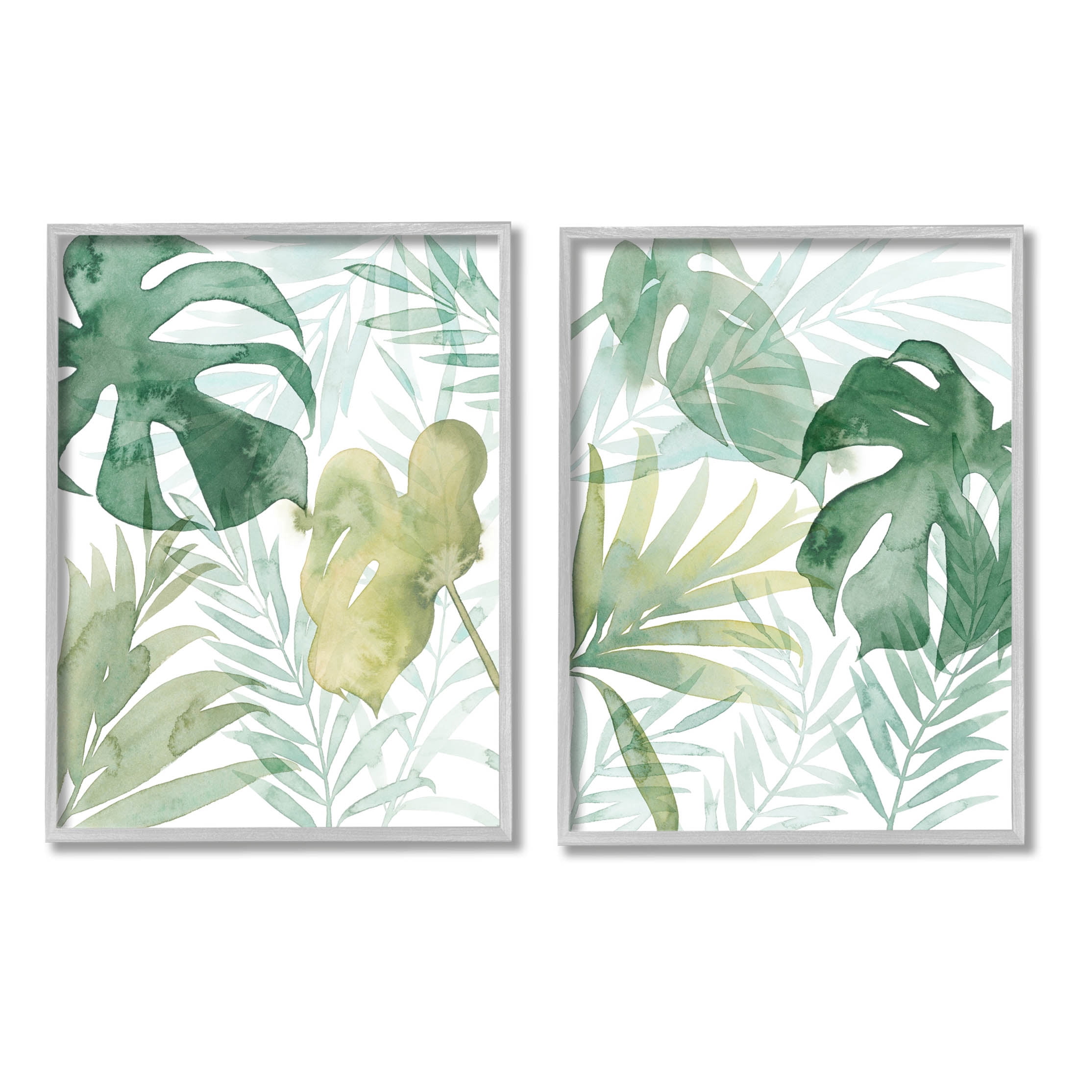 Layered Lush Green Plant Leaves Botanical & Floral Graphic Art Gray Framed Art Print Wall Art, Set of 2