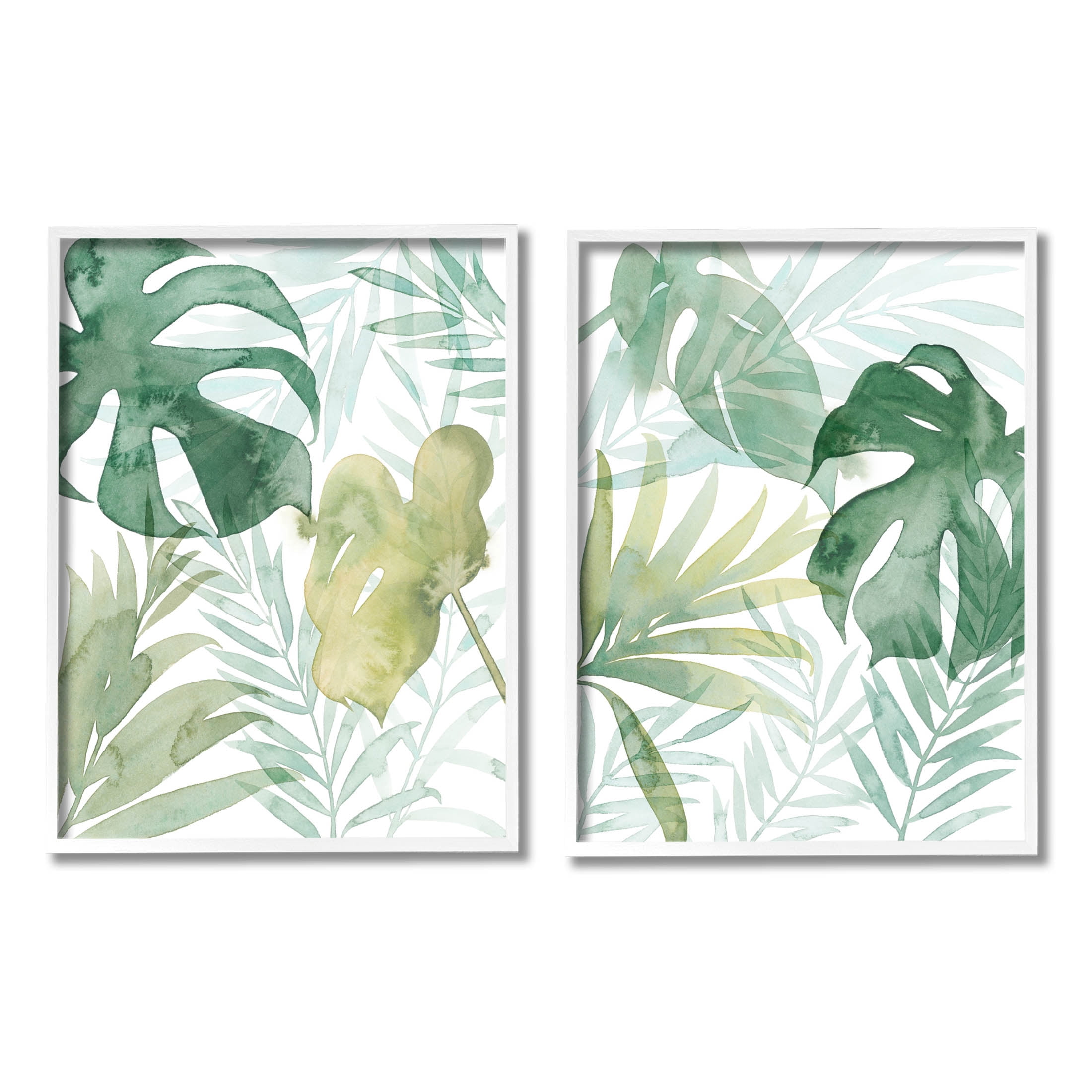 Layered Lush Green Plant Leaves Botanical & Floral Graphic Art White Framed Art Print Wall Art, Set of 2