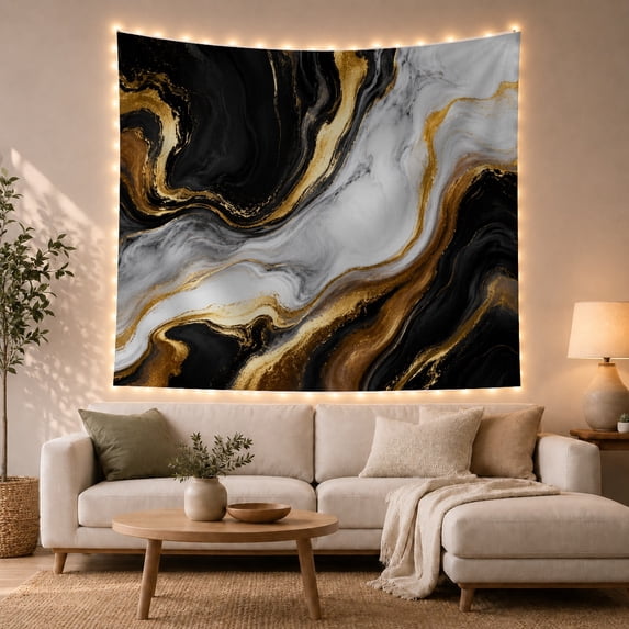 Layered Marble Stream Across Black and Gold Borders, Serene Abstract for Art Lovers, Stone Inspired Decor, New Home Gift, Tapestry Wall Hanging for Living Room and Studio