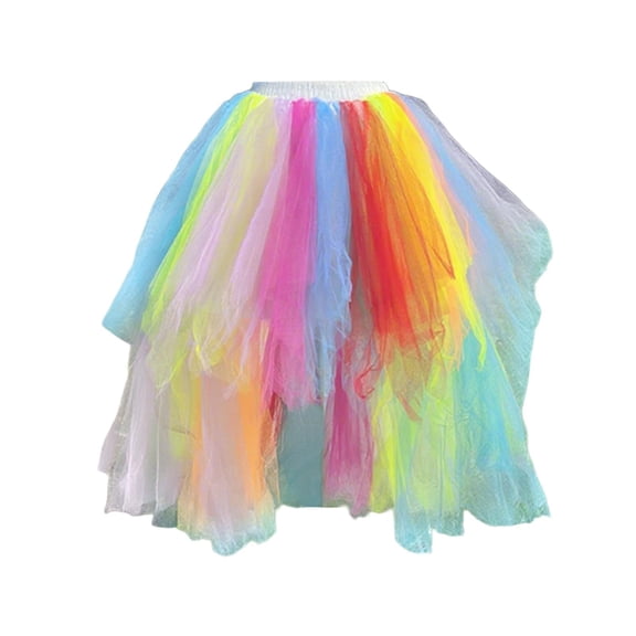 Layered Mesh Skirt with Elastic High Waist for Party Performance and Elegant Rainbow Styling