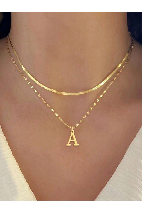 Layered Minimalist Initial A Pendant Necklace Set Yellow Gold-3