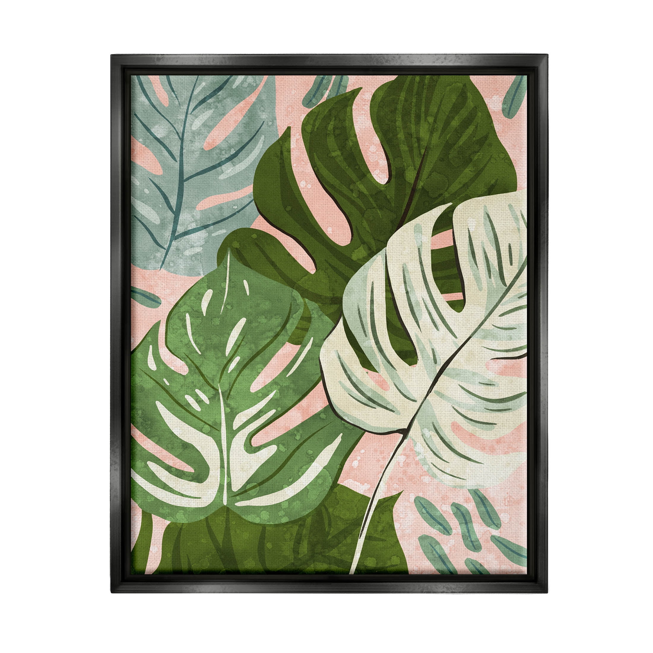 Layered Monstera Plant Leaves Botanical & Floral Graphic Art Jet Black Framed Art Print Wall Art