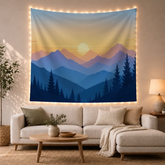 Layered Mountain Sunset Against Pine Trees, Peaceful Illustration for Nature Lovers, Landscape Art Decor, Birthday Gift, Tapestry Wall Hanging for Bedroom and Living Room