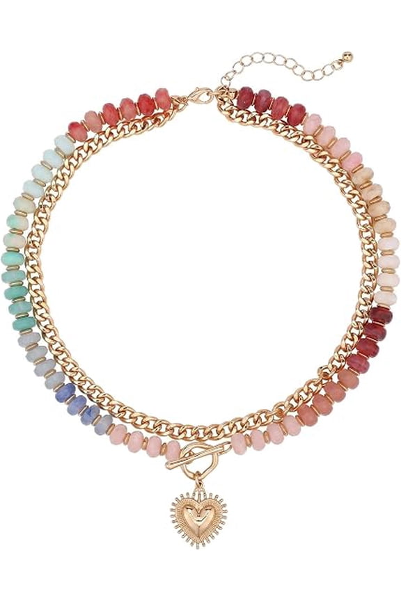 Layered Necklace for Women, Heart Pendant and Colorful Acrylic Beaded Choker, Tarnish Resistant Single Clasp Cute Boho Jewelry