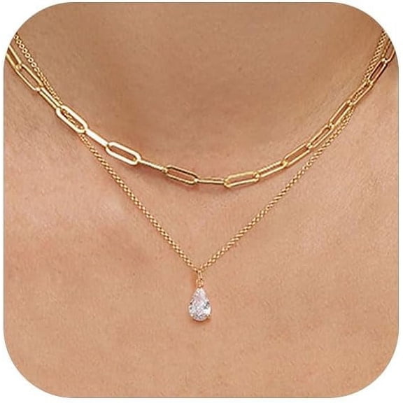 Layered Necklaces Pro for Women 14K Gold Plated Dainty Layer Paper Clip Herringbone Necklaces Simple Satellite Box Chain Necklace Minimalist Everyday Jewelry[n923]