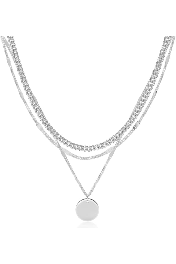 Layered Necklaces for Women, 14K Gold Plated Necklace Sterling Silver Necklace Stack Circle Pendant Necklace Trendy Long Chain Stackable Silver Necklace Set Dainty Gold Stacked Jewelry Gifts[m424]