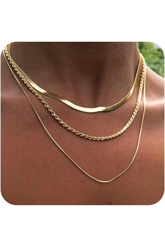 Layered Necklaces for Women,Dainty Gold Necklace for Women Trendy Gold Plated Necklace Set Stack Cuban Link Paperclip Chain Herringbone Jewelry Gifts 3Pcs