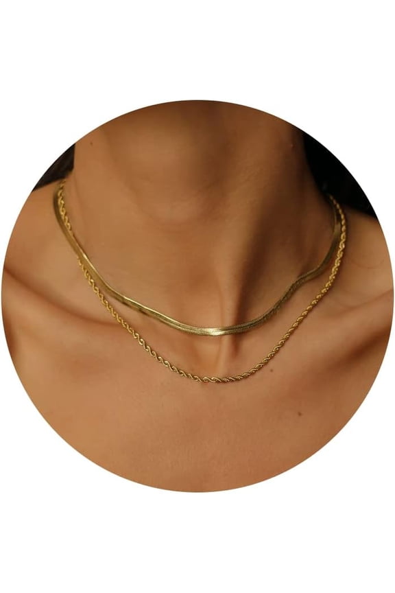Layered Necklaces for Women Non Tarnish- Chunky 14k Gold Plated Herringbone/Snake/Rope/Box/Cuban Link Chain for Women Waterproof Layering Stack Choker Necklace Trendy Dainty Tarnish Free Jewelry Set