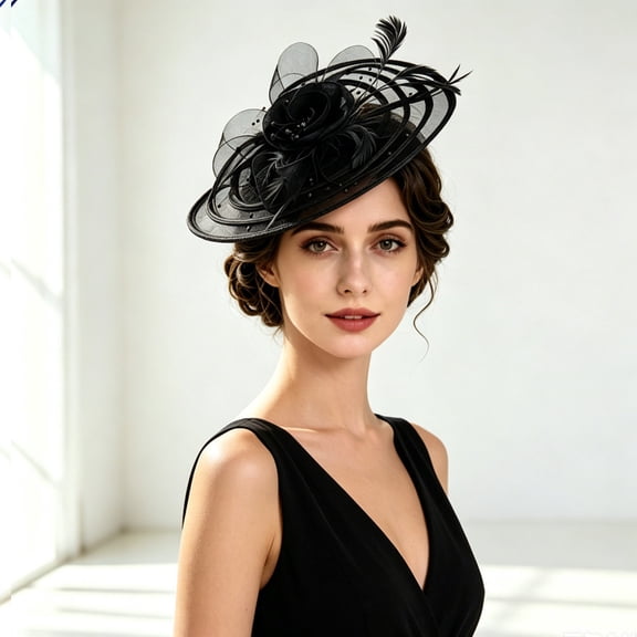 Layered Net Fascinator Hat with Pearl & Feather Ornament for Derby Wedding Cocktail Tea Party Occasion Accessory