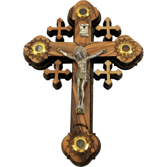 Layered Olive Wood Cross Carved by Laser with Holy Land Samples - Hanging (12 cm or 5 inches) Small/Certificate