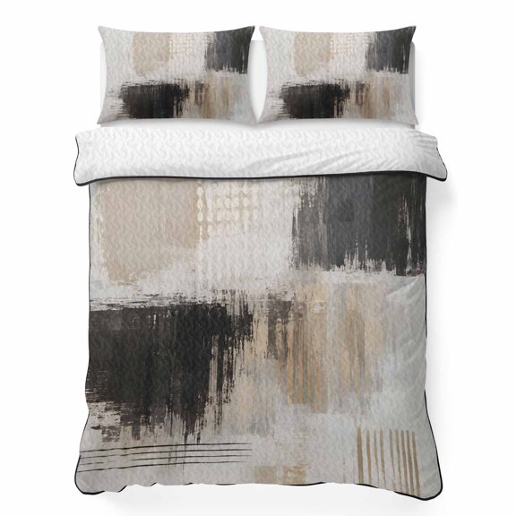 Layered Paint Splatter 3 Piece Quilt Bedding Set with 2 Pillow Shams, Abstract Minimalist Black Beige Color Block Lightweight Bedspread Coverlet, Soft Breathable All Season Quilt, 79 x 90 Inch