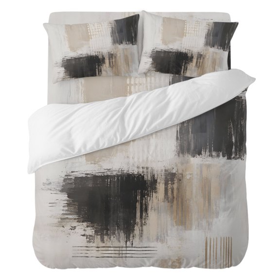 Layered Paint Splatter Bedding Duvet Cover Set California King Size 4 Pieces, Abstract Minimalist Black Beige Color Block Bedding Set, 1 Comforter Cover 96x104 Inches 1 Flat Sheet & 2 Pillow Cases