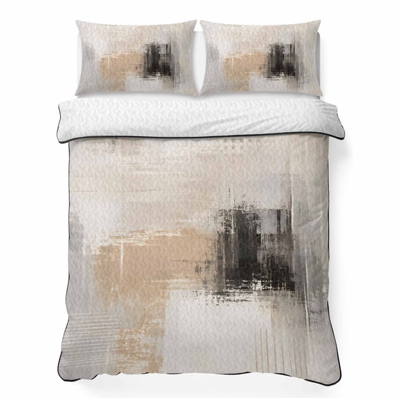 Layered Paint Splatter California King Quilt Bedding Set, Abstract Minimalist Beige Black Color Block Lightweight Comforter with 2 Pillow Shams Bedroom Bedspread Set Home Decor for All Seasons