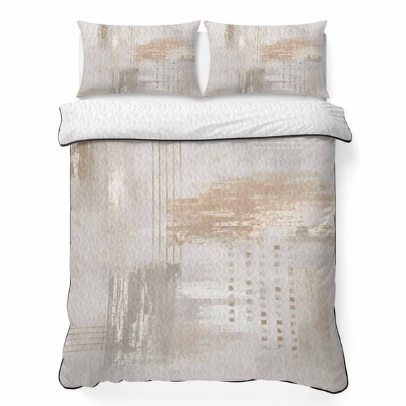 Layered Paint Splatter California King Quilt Bedding Set, Abstract Minimalist Beige Gray Color Block Lightweight Comforter with 2 Pillow Shams Bedroom Bedspread Set Home Decor for All Seasons