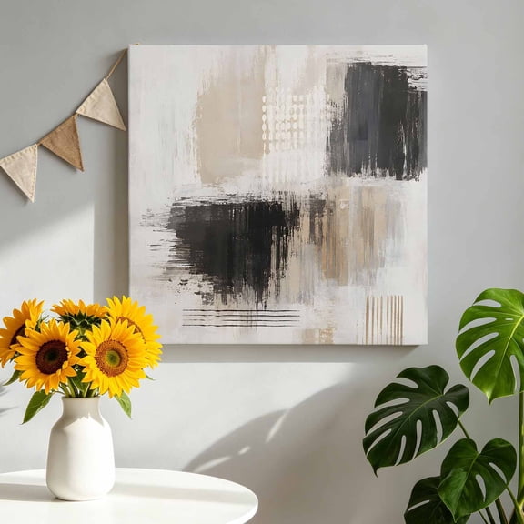 Layered Paint Splatter Canvas Wall Art, Abstract Minimalist Black Beige Color Block Framed Picture Canvas Wall Art Print Decor Artwork Decorations for Living Room Bedroom Ready to Hang 8" x 8"