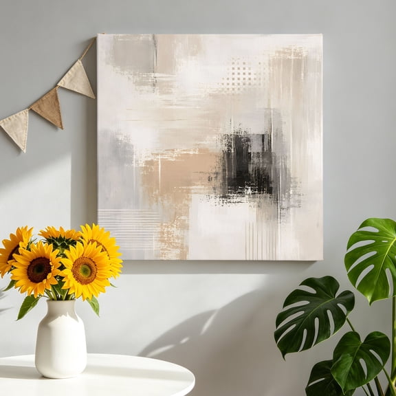 Layered Paint Splatter Canvas Wall Art for Living Room, Abstract Minimalist Beige Black Color Block Poster Print Painting for Bedroom Office Home Decoration Wall Pictures Prepare To Hang 8"x8"