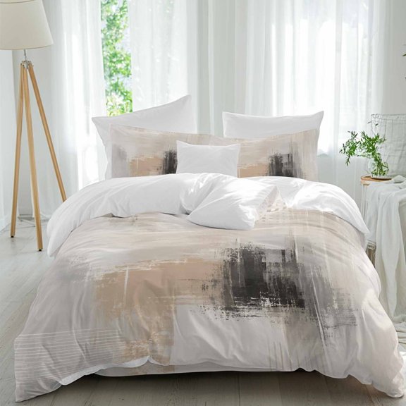 Layered Paint Splatter Comforter Set Queen Size, Abstract Minimalist Beige Black Color Block Soft Bedding Set for Man Woman, 4 Pieces Duvet Cover Set with Fitted Sheet, 2 Pillowcases