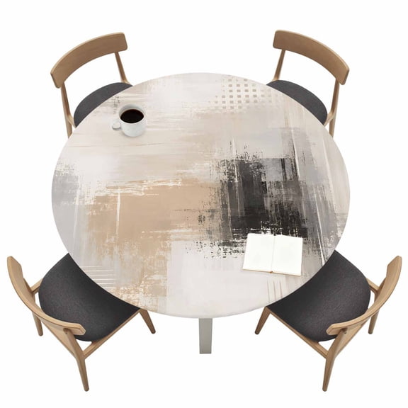 Layered Paint Splatter Round Fitted Table Cover Abstract Minimalist Beige Black Color Block Waterproof Table Cloth with Elastic Edge Wipeable Tablecloth for Picnic Camping Party Fits 36"-44" Tables