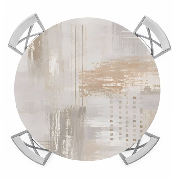 Layered Paint Splatter Round Table Cover, Abstract Minimalist Beige Gray Color Block Waterproof Fitted Tablecloths for 36"-44" Tables, Washable Picnic Table Cover for Camping Dining Indoor Outdoor