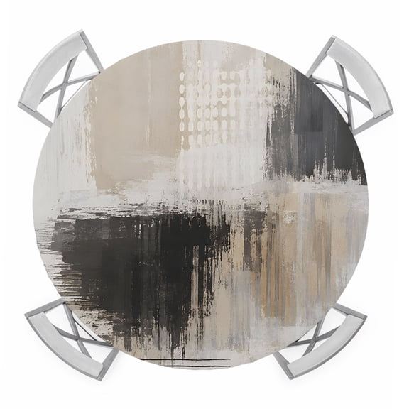 Layered Paint Splatter Round Table Cover, Abstract Minimalist Black Beige Color Block Waterproof Fitted Tablecloths for 36"-44" Tables, Washable Picnic Table Cover for Camping Dining Indoor Outdoor