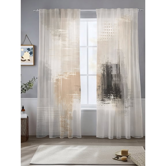 Layered Paint Splatter Sheer Curtains 108 inches Long, Abstract Minimalist Beige Black Color Block Light Filtering Sheer Window Curtains Rod Pocket Voile Drapes for Bedroom Living Room, 2 Panels