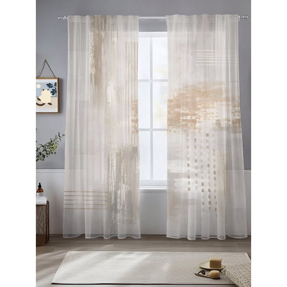 Layered Paint Splatter Sheer Curtains 108 inches Long, Abstract Minimalist Beige Gray Color Block Light Filtering Sheer Window Curtains Rod Pocket Voile Drapes for Bedroom Living Room, 2 Panels