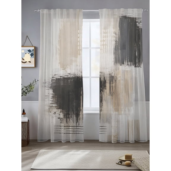 Layered Paint Splatter Sheer Curtains 84 inches Long, Abstract Minimalist Black Beige Color Block Light Filtering Sheer Window Curtains Rod Pocket Voile Drapes for Bedroom Living Room, 2 Panels