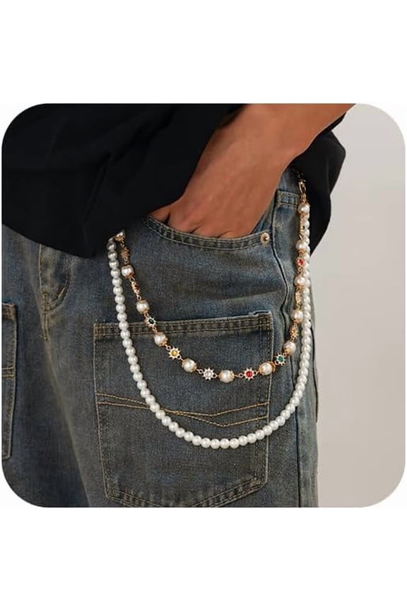 Layered Pants Chain for Men Women Wallet Chain Exquisite Rhinestone Flower Pearl Wallet Chain for Women Fashion Street Jeans Chain Keychain Chain Punk Jewelry