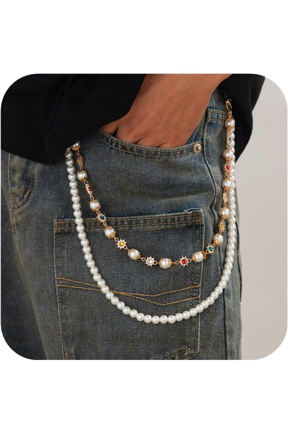 Layered Pants Wallet Chain for Men Women Trendy Vintage Flower Pearl Rhinestone Wallet Chain Dainty Fashion Street Jeans Punk Keychain Jewelry Clothing Accessories