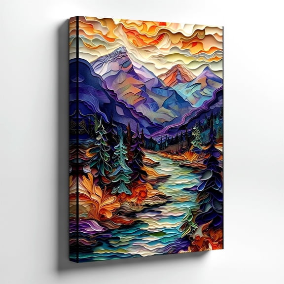 Layered Paper Cut Mountain River Wall Art Print, Sunset Landscape Decor