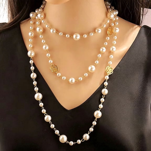 Seamido Layered Pearl Necklace Long Chain Camellia Charms Elegant Women Fashion Jewelry