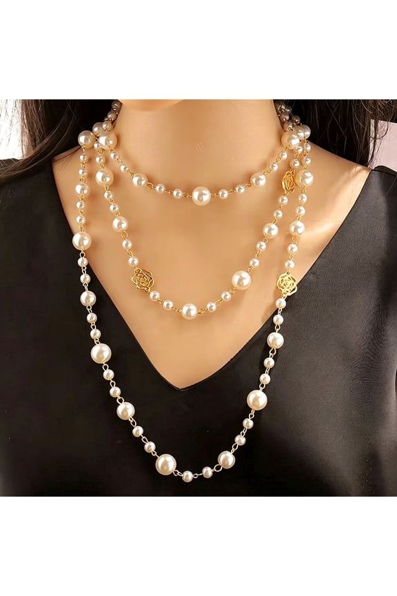 Layered Pearl Necklace Long Chain Camellia Charms Elegant Women Fashion Jewelry