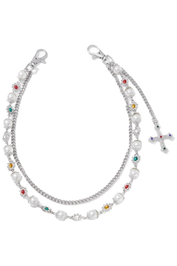 Layered Pearl Wallet Chain for Jeans, Double Strand Rhinestone & Cross Charm Pants Keychain, Y2K Bag Purse Accessory for Women Men, Cute Fashion Jewelry Gift