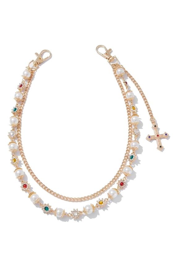 Layered Pearl Wallet Chain for Jeans, Double Strand Rhinestone & Cross Charm Pants Keychain, Y2K Bag Purse Accessory for Women Men, Cute Fashion Jewelry Gift