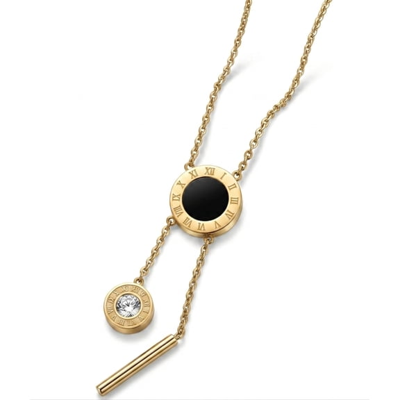 Layered Pendant Necklace for Women, Roman Numeral Circle Pendant Necklace with Crystal Accent and Bar Drop Detail, Elegant Fashion Jewelry