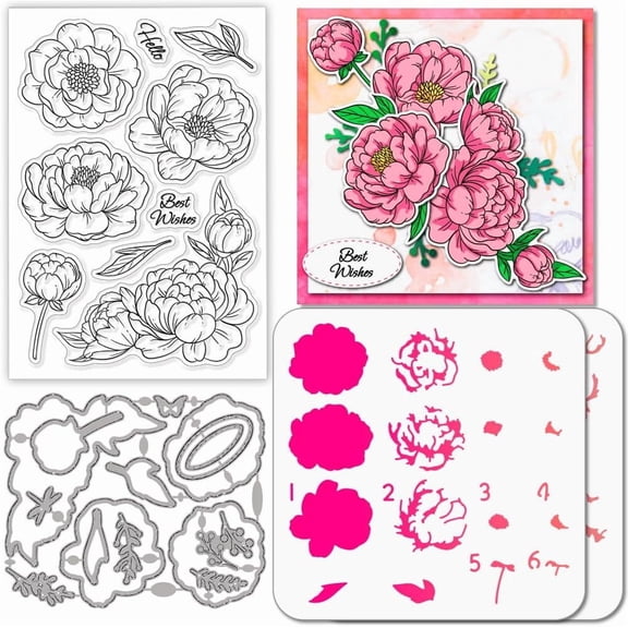 Layered Peony Flower Clear Stamps Cutting Dies PET Painting Stencils for Card Making Overlay Spring Flowers Silicone Stamp Metal Greetings Die Cuts PET Paint Stencils for DIY Scrapbooking